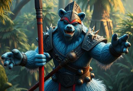 Light blue bear creature, Gladiator Beast Andal concept, armored, black helmet, red visor, holding red stick, dynamic pose, outstretched arms, focal point. Lush jungle dweller background, isometric view. Cinematic, hyperrealistic, ultra detailed 8K concept art, Octane Render, Unreal Engine 5, detailed oil on canvas painting, Splash Ink Illustration, Grammer Effect Style, Houdini Style, Raphael influence, CGSociety, trending on Artstation, exceptional quality, super detailed, stunning multi colors, captivating moody lighting, impeccable composition, golden ratio, creative angle.