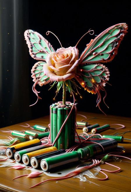 "Batteries Rose"
Flower: A rose submerged in a Batteries, its petals dissolving into swirling Batteries tendrils.
Insect: A delicate lacewing, its wings translucent except for veins filled with glowing Batteries.
Background: An antique desk littered with quills, spilled ink pools, and yellowed parchment.
Art Style: Baroque still life with dramatic chiaroscuro lighting.