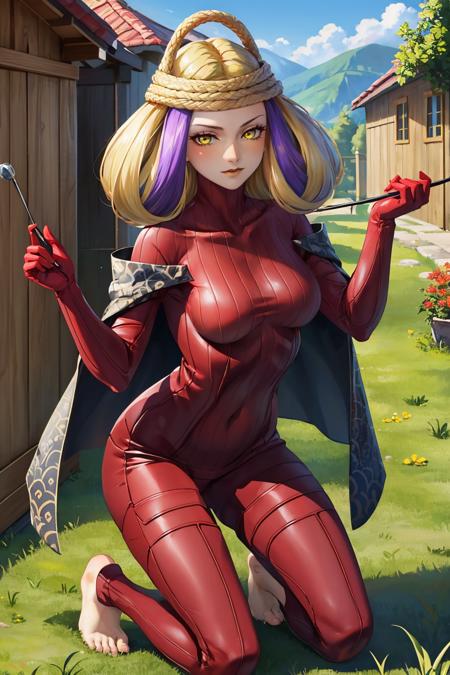 masterpiece, best quality, village, grass
<lora:zs_Lachesis:1> lachesissmt, multicolored hair, blonde hair, purple hair, bodysuit, yellow eyes, barefoot