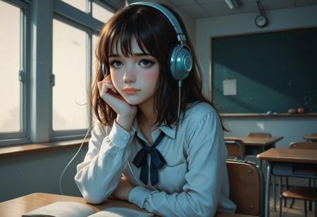 1anime girl ,sitting, alone,  classroom, at night, wearing headphones, soft lighting, shy face, vintage school setting, simple background, Makoto Shinkai style