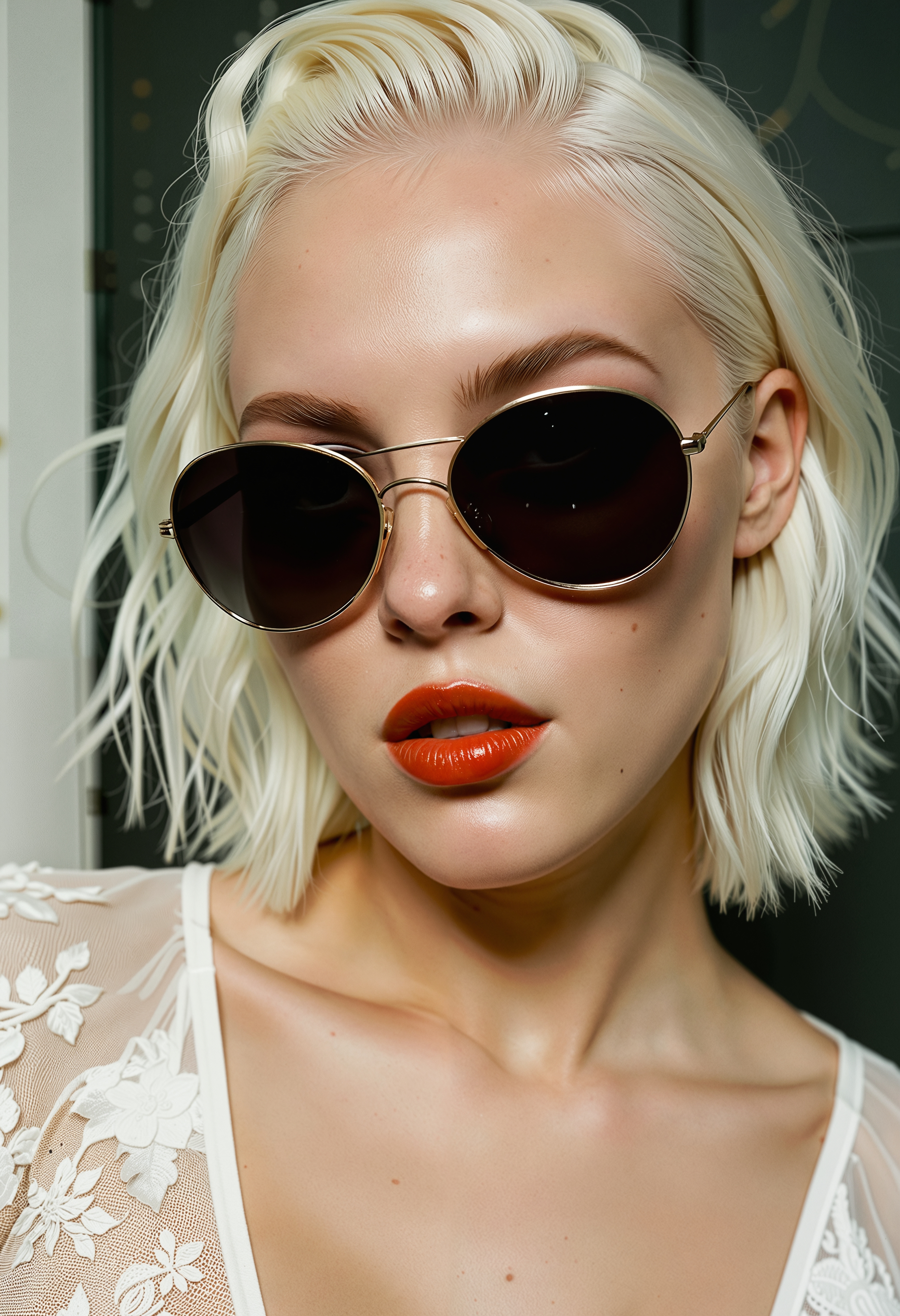 (analogue photo) of a beautiful 20 years woman with (((pale albino skin:1.5)), ((white hair:1.5)), ((white-eyebrows:1.5)),,perfect face, sexy pose, wearing The Oversized Sunglasses, with slightly daring allure: Large and oversized sunglasses, adding a touch of glamour and mystery to any ensemble, and intricate lace adorned thigh-high stockings emphasizing her smooth thighs., perfect eyes, detailed eyes, detailed iris, realistic skins absolute perfect tits, soft tits, natural tits, (hitop-fade-haircut),,low light, soft natural light, Rembrandt style light, Hasselblad DLSR camera, 200mm Zeiss lens, f/2.8, ,Sexy pose, erotic pose, exhibitionism ,observatory deck