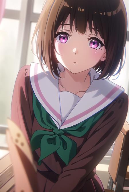 kaorinakaseko, <lora:kaori nakaseko s2-lora-nochekaiser:1>,
kaori nakaseko, short hair, bangs, brown hair, (pink eyes:1.3), mole, mole under eye,
BREAK skirt, shirt, long sleeves, school uniform, pleated skirt, serafuku, neckerchief, (brown skirt:1.2), white sailor collar, (brown shirt:1.2), kitauji high school uniform, (green neckerchief:1.5),
BREAK indoors, classroom,
BREAK looking at viewer, (cowboy shot:1.5),
BREAK <lyco:GoodHands-beta2:1>, (masterpiece:1.2), best quality, high resolution, unity 8k wallpaper, (illustration:0.8), (beautiful detailed eyes:1.6), extremely detailed face, perfect lighting, extremely detailed CG, (perfect hands, perfect anatomy),