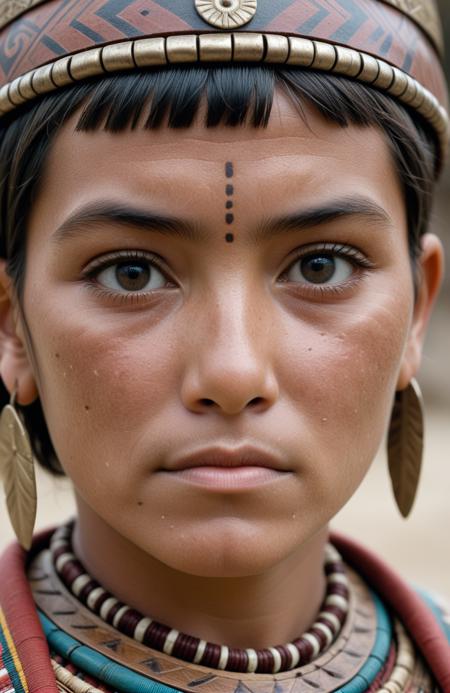 close up, analog documentary photo, eye contact with a 30-year-old woman warrior with short hair in a peruvian costume, highly detailed skin, indigenous, skin details and blemishes and freckles and wrinkles, (masterpiece, best quality:1.4)