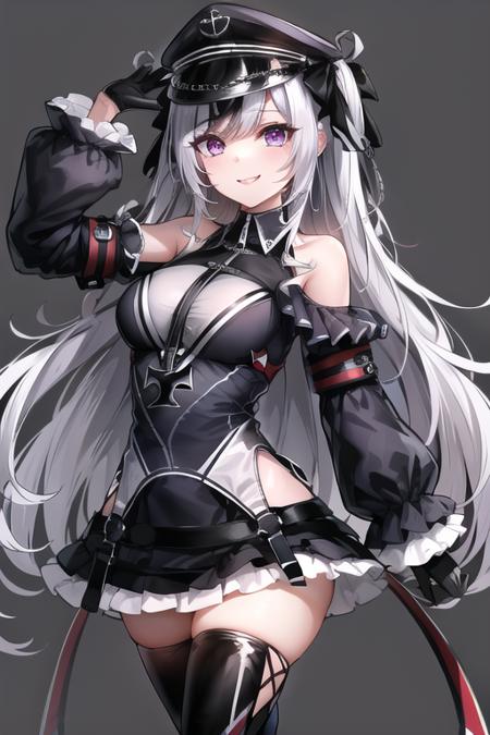 elbeazln, (masterpiece:1.3), best quality, high quality, absurdres, 1girl, solo, peaked cap, black corset, iron cross, black dress, layered dress, black gloves, thighhighs, boots, smile, arms at sides, simple background, <lora:elbeazln_prerelease:1>