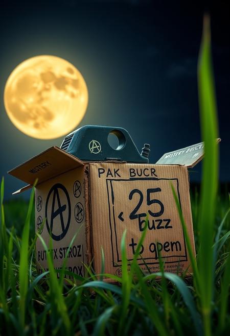 buzz machine, a cardboard box, little ruined, with anarchy symbols on sides, having written "MISTERY BUZZ BOX DO NOT OPEN", second cardboar WITH "25 buzz to open" , full moon in background illuminate the scene, few long blades of acid green grass
