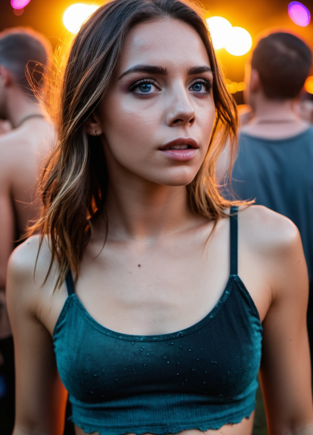 1girl, boho fashion, Crop Washed Seamless Rib-Knit Camisole Crop Tank Top, sexy, at a concert, muddy ground, stage and band in the background, large crowd, detailed expressive eyes, 35mm photograph, film, bokeh, professional, 4k, highly detailed dynamic lighting, photorealistic, 8k, raw, rich, intricate details, key visual, vivid colors