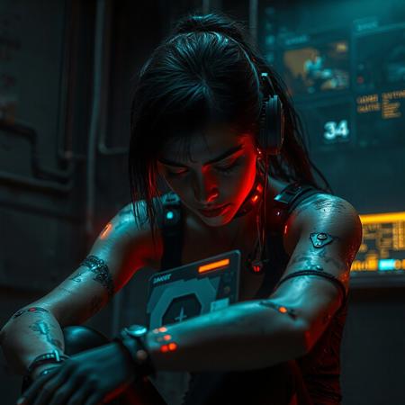 A cyberpunk female operative enhanced with high-tier cyberware, seated in a dimly lit industrial room, head down, arms trembling, visibly drained.
Her eyes glow faintly, projecting fragmented holographic UI panels around her — ghost interfaces from the extranet still flickering mid-air.
Her body shows signs of long-term integration stress: exposed neural links, burnt-out ports, and glitching implants under her synthetic skin.
She’s half-present — lost between the real world and the cyber dimension, digital glitches distorting the air around her.
Her environment reflects her burnout: screens full of static, leaking cables, soft neon reflections off cold metal walls.
Brutally realistic lighting, cinematic shadow play, photorealistic cyberpunk dystopia, emotional tension, detailed textures, 8K ultra-quality.