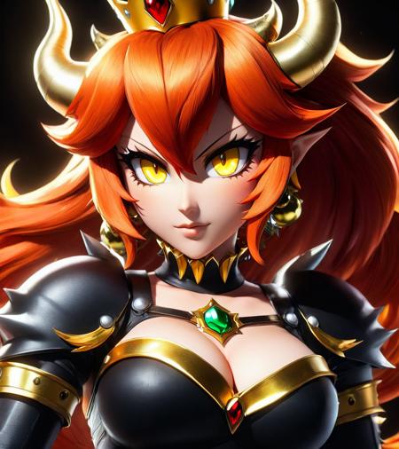 In a dramatic anime style, Bowsette stands tall, her fiery red hair cascading down her back. Her piercing yellow eyes glow with an intense power as she gazes down at the viewer. The shadows dance across her sharp horns and the intricate details of her black and gold armor, emphasizing her formidable presence.. <lora:Dall-e_3_0.3-v2-000003>