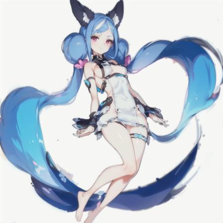 <lora:aijia:1>,1girl,solo,sideboob,barefoot,twintails,blue hair,long hair,pink eyes,bare shoulders,white dress,short dress,detached black sleeves,dress,animal ears,white background,bare legs,large breasts,low twintails,parted bangs,thigh strap,