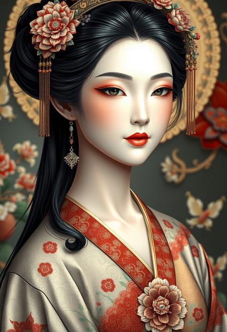 (Beautiful women and cloisonné, the most beautiful work in history supervised by Yoshitaka Amano, a faint smile, and an oriental background.), Detailed Textures, high quality, high resolution, high Accuracy, realism, color correction, Proper lighting settings, harmonious composition, Behance works,more detail XL,hentai,sooyaaa