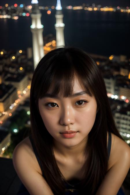 (masterpiece, best quality, high quality, highres, ultra-detailed), close up portrait, chinese girl, photo taken from top, from above, istanbul, galata tower, stretching face, night, dramatic lighting, film grain