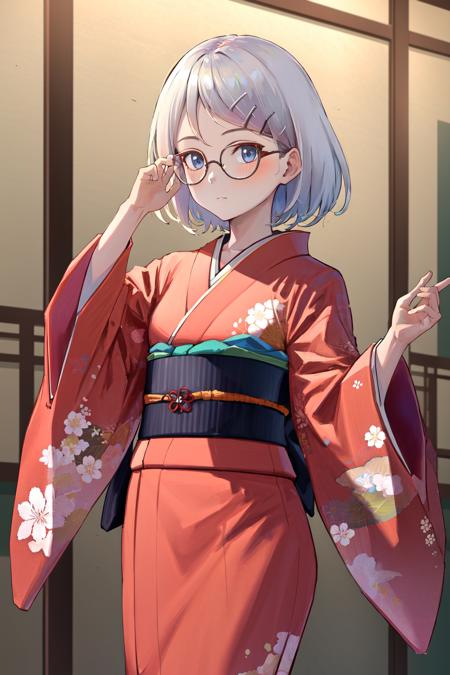 masterpiece, best quality, highres, 1girl glasses hairclip <lora:kyouko_okitegami_no_outfit:1> kimono