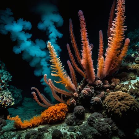 Illustrate the eerie, otherworldly environment of deep-sea hydrothermal vents. Show bioluminescent creatures, like giant tube worms and unusual fish, thriving in the dark, with plumes of black smoke rising from the seafloor.