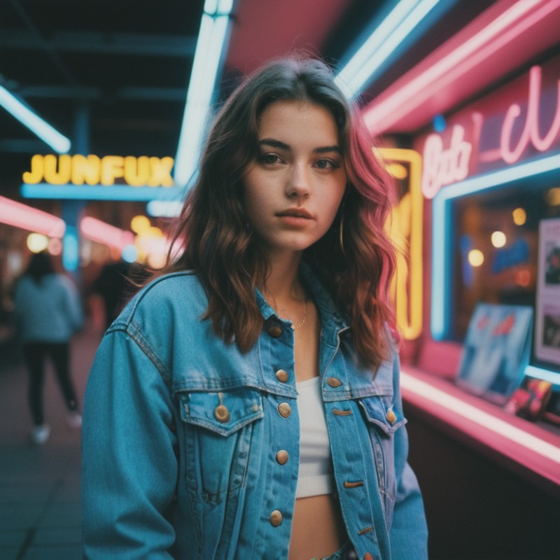 a young beautiful woman with brunette hair, wearing a denim jacket, 80s vibe, flashing neon lights, analog photo, fujifilm...
