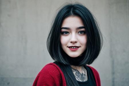 Teen brunnete nordic goth girl | tattoo | smile | dark | in dark room | Adult | On street | High quality | gothic makeup | realistic | informal | cute girl | bob cut hair