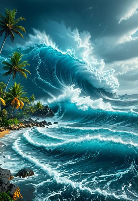 A forceful tempest sweeps over an ocean shoreline, featuring massive waves, palm trees bending under the force, and ominous dark clouds. This detailed, vivid matte painting showcases a fantastical scene with intricate details, creating a captivating splash screen. The harmonious use of complementary colors enhances the overall fantasy concept art, which has become a popular trend on Artstation, utilizing Unreal Engine 5 and showcased in 8K resolution.