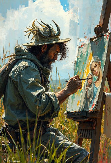 An artist painting outdoors, surrounded by light and color, yet their fragmented brushstrokes and shifting focus suggest a mind caught between order and transformation., storytelling and character-driven narratives, the piece encapsulates a sense of depth, emotion, and intrigue, featuring dynamic figures, rich textures, and a vibrant color palette that immerses viewers in a world of imagination and creativity