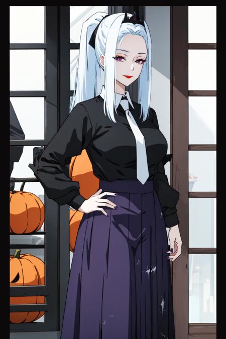 <lora:MeiMei-01:1> meimei, 1girl, solo, long hair, smile, long skirt, shirt, long sleeves, ponytail, white - light blue hair, necktie, nail polish, hand on hip, black shirt, window, lipstick, letterboxed, purple nails, anime coloring, full body, long hair, looking at viewer, age 40, busty, large breasts, milf, black dress, Aesthetic, Trees, Demons, Blood Spatter, Haloween, black tie