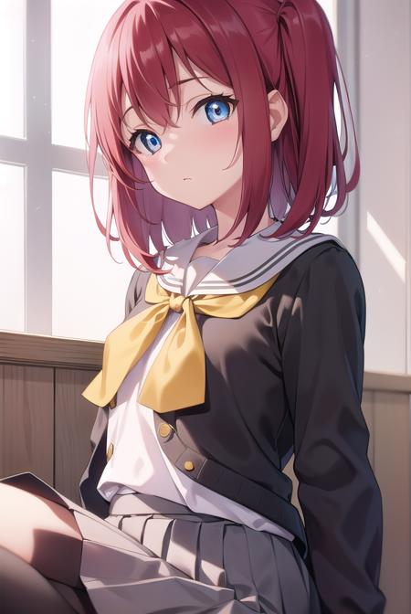 rubykurosawa, <lora:rubykurosawa-lora-nochekaiser:1>, 
ruby kurosawa, aqua eyes, medium hair, red hair, two side up, twintails, (flat chest:1.2), 
BREAK black socks, bow, bowtie, brown footwear, buttons, grey sailor collar, grey skirt, loafers, long sleeves, miniskirt, pleated skirt, sailor collar, school uniform, serafuku, shirt, shoes, skirt, uranohoshi school uniform, white shirt, winter uniform, yellow bow, yellow bowtie,
BREAK looking at viewer, 
BREAK indoors, classroom, 
BREAK <lyco:GoodHands-beta2:1>, (masterpiece:1.2), best quality, high resolution, unity 8k wallpaper, (illustration:0.8), (beautiful detailed eyes:1.6), extremely detailed face, perfect lighting, extremely detailed CG, (perfect hands, perfect anatomy),