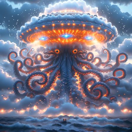 A UFO with tentacles flying in the sky above eternal ocean infused with blue magic mist, orange lights in the clouds,
RAW, real photo portrait, insanely detailed, depth of field, sharp focus, (masterpiece:1.2) (photorealistic:1.2) (bokeh) (best quality) (intricate details) (8k) (HDR) (analog film) (canon d5) (sharp focus) 
<lora:artistic_amplifier_sdxl_a_webui:0.7> 
<lora:SDXL_Sacred_beast:1> BJ_Sacred_beast, cloud, sky, scenery, glowing_eyes