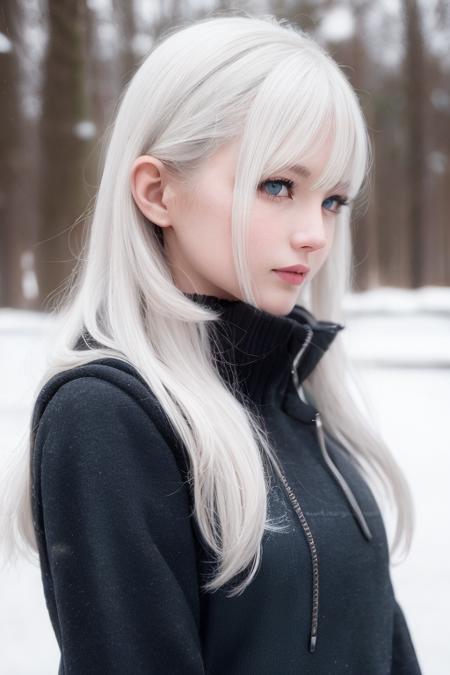 Best quality, masterpiece, White hair, blue eyes, winter, outdoor, upper body, realistic