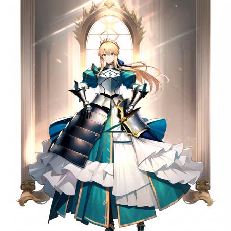 masterpiece, high quality, best quality, absurdres,arknights-style ,1 girl ,full body, artoria pendragon (fate), blonde hair, solo,   armor, armored dress, gauntlets, ahoge, dress, green eyes,  ribbon, looking at viewer, hair ribbon, blue dress, breastplate, puffy sleeves, beautiful detailed glow,
 <lora:arknights-style-000008:0.8>