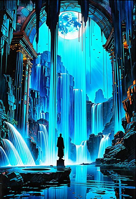 ((Photorealistic)). (Artistic perspective) 3 cloaked figures stand on a floating portal, irregular stone rings suspended above a futuristic city. (((the hovering rings in the sky are gushing waterfalls))), brush strokes and streaks of ink are visible, intense vibrant colors, stark contrasts,  liquid, unreal parts, alluring, fluid, perfection, two moons in the night sky, one is translucent. Intricate background (Alphonse Mucha), Illustration (Bill Sienkiewicz:1.5), maximum detail, 4K, hyperrealistic. charcoals, watercolor and ink technique. Include deep rich dark blues, luminous neon highlights, ((Masterpiece)), (cinematic composition), resplendent lighting