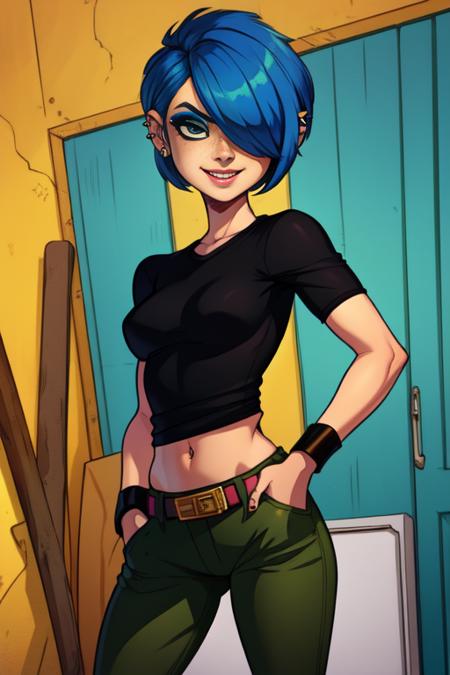 MarieK,short blue hair,ear piercing,hair over one eye,freckles,black eyes,makeup,standing,hand in pockets,smiling,
MarieAtt,green pants,black shirt,black wristbands,midriff,belt,
picket fence,morning,cartoon,
(insanely detailed, beautiful detailed face, masterpiece, detailed eyes, best quality)     <lora:Mariekanker:0.8>,