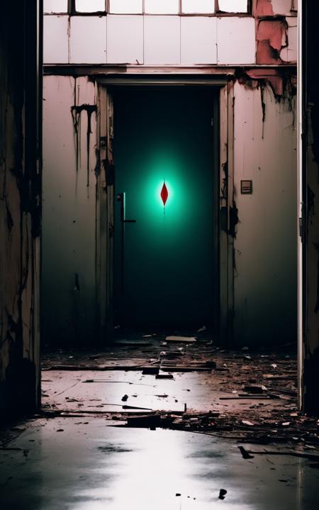 a door is open in a run down building , indoors, no humans, window, blood, scenery, door, horror (theme), hallway