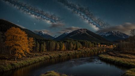 ((masterpiece:1.4,best quality)), cloud, outdoors, night, stars, moon
(mountains), spring glade, scenery, sky, winter, village, tree, river,
 high detail, abundant, 8k, high detail, wallpaper,