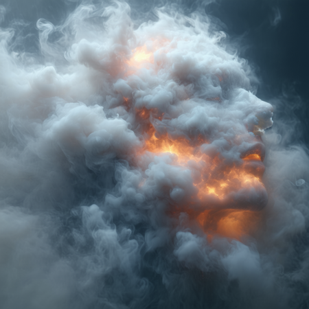 cloud of gas in the form а head made entirely of gas, soft and diffuse, almost transparent, swirling mist and vapor, ethereal and airy, surreal and atmospheric, dreamlike, high detail in gas texture, cinematic look, the form is more gas , blurred contours