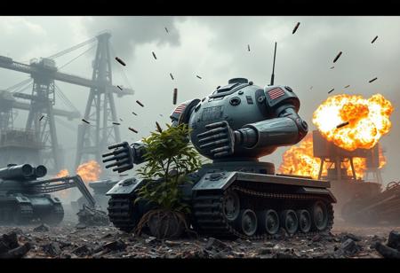 apocalyptic WORL, FULL OF TRASH, MECHANICAL PARTS EVERYWERE, GIANT CRANES BACKGROUND, SMOG, 1 ROBOTS, A BIG MUSCLE ROUNDED TANK ROBOT WITH LONG ARMS MILITARY BADGES AND SHORT LEGS DAMAGED WITH BULLET HOLES PROTECTING A LITTLE PLANT, BULLET FLYING AND HITTING THE ROBOT, EXPLOSIONS