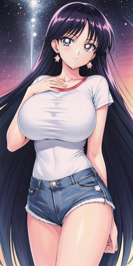 hino_rei, huge_breasts, standing, solo, denim_shorts, <lora:HinoReiV8:0.7>, starry_sky,, masterpiece, best quality, detailed face, detailed eyes, highres,