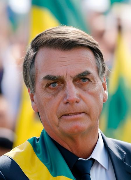 (best quality, masterpiece, photo realistic)1.1, RAW photo, high detail, sharp focus, sharp contrast, detailed face, perfect facial details, (extremely detailed)1.1, bolsonaro as brazilian president, wearing black suit, brazilian presidential sash, brazilian flags, crowd, day lighting, cowboy shot with Canon EOS 5D Mark IV