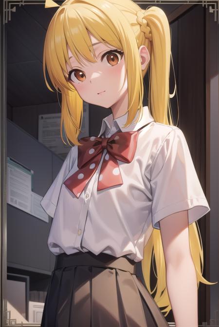 nijikaijichi, <lora:nijikaijichitest:1>, nijika ijichi, ahoge, (yellow hair:1.5), (brown eyes:1.7), long hair, one side up, (flat chest:1.2),
BREAK black skirt, bow, bowtie, collared shirt, pleated skirt, polka dot, polka dot bow, red bow, red bowtie, red footwear, shirt, shoes, short sleeves, skirt, socks, white shirt, white socks,
BREAK looking at viewer,
BREAK indoors, classroom,
BREAK <lora:GoodHands-vanilla:1>, (masterpiece:1.2), best quality, high resolution, unity 8k wallpaper, (illustration:0.8), (beautiful detailed eyes:1.6), extremely detailed face, perfect lighting, extremely detailed CG, (perfect hands, perfect anatomy),