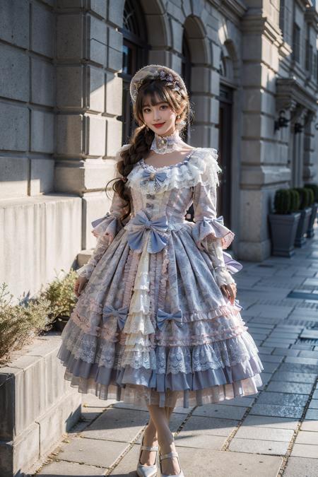 best quality, masterpiece, photorealistic, 1girl, solo, full body, standing, long black straight hair, blunt bangs, looking at viewer, smile, lo dress, long dress, layered dress, choker, bow, long sleeves, high heels, <lora:lo_dress_vol2_style7_v2:0.65>