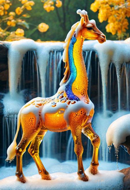 macro photo, a beautiful translucent glass giraffe that glows within, glowing lights, beautiful waterfall , made out of multicolored transparent delicate glass, magical sparkles,vibrant whimsical colors <lora:ral-beer:1> made of ral-beer