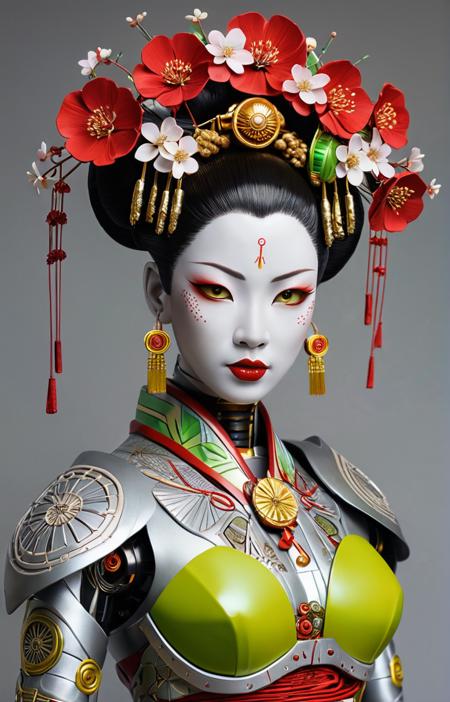 sleek silver metalic bodied robot with red wire-like hair and human eyes,styled as a geisha with traditional Japanese elements,featuring intricate designs of cherry blossoms carved in gold on her cheeks and forehead,and neon yellow highlights in her hair,holding a futuristic fan with silver,white,and green design. bground: shojiillustrator by Sougwen,sharp focus,studio photo,intricate details,highly detailed,by greg rutkowski