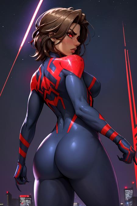 (masterpiece, best quality, absurdres), 1girl, solo, sw2099, red eyes, <lora:SpiderWoman2099_V1-Manityro:1.0>, glowing clothes, superhero, bodysuit, spider web print, from behind, breasts, back, medium breasts, muscular, ass city, night, night sky,