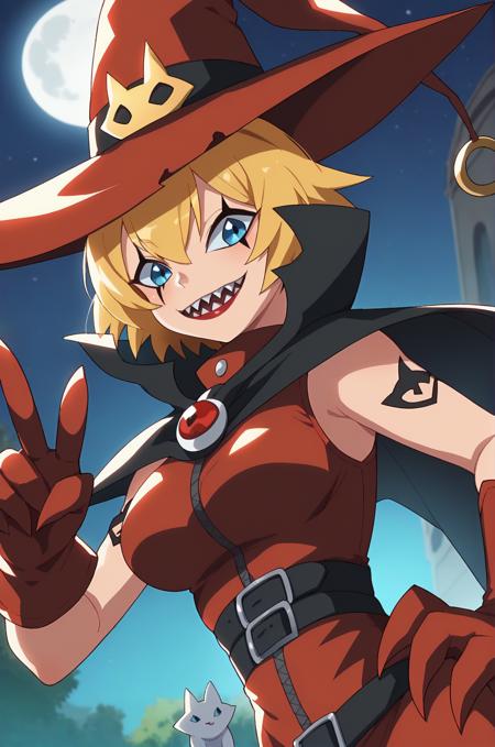 witchmon, gloves, hat, dress, boots, belt, cape, black footwear, grin, high heels, witch hat, red dress, cat, red gloves, witch, black cat