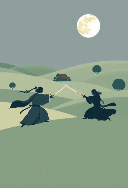 Two samurai engage in a duel under a silver moon on a gently sloping hill, the landscape abstracted into curving fields and bold, rounded trees. The figures are rendered in simple yet expressive lines—robes flowing in the breeze, blades poised mid-motion. The duel feels suspended in time. A small cottage glows faintly in the distance, nestled among smooth hills that look like sleeping forms. The color scheme is soft and earthy: washed-out greens, muted indigo, and creamy moonlight hues. Despite the presence of swords and imminent action, the atmosphere is quiet and introspective, sug