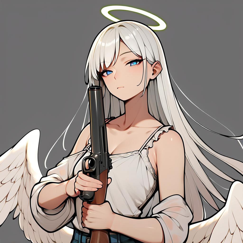 1girl, white hair, halo, angel wings, holding shotgun, casual clothing, narrowed eyes  <lora:LineArt Mono Style LoRA_Pony XL v6:1>, score_9, score_8_up, score_7_up, score_6_up, score_5_up, score_4_up,