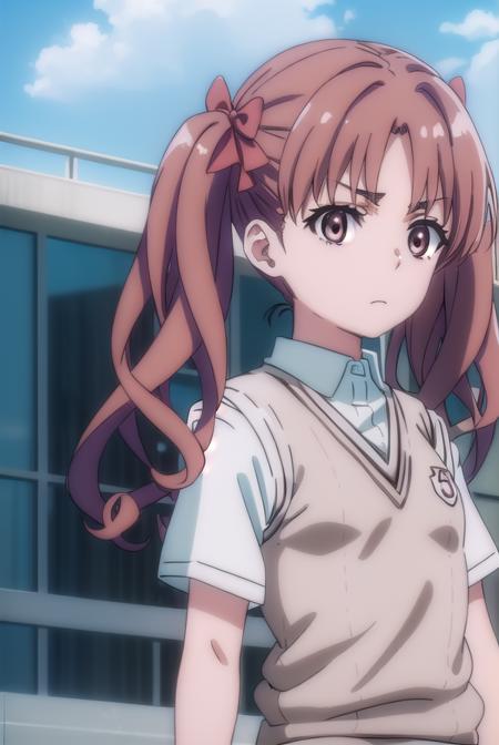 kurokoshirai, <lora:kuroko shirai s3-lora-nochekaiser:1>,
kuroko shirai, brown hair, long hair, (parted bangs:1.5), (brown eyes:1.7), ringlets, twintails, hair bow, bow, red bow, (small breasts:1.2),
BREAK armband, black skirt, collared shirt, dress shirt, pleated skirt, safety pin, school uniform, shirt, short sleeves, skirt, summer uniform, sweater vest, tokiwadai school uniform, twintails, white shirt, (brown sweater vest:1.5),
BREAK outdoor, city, sky, sun, clouds,
BREAK looking at viewer, (cowboy shot:1.5),
BREAK <lyco:GoodHands-beta2:1>, (masterpiece:1.2), best quality, high resolution, unity 8k wallpaper, (illustration:0.8), (beautiful detailed eyes:1.6), extremely detailed face, perfect lighting, extremely detailed CG, (perfect hands, perfect anatomy),