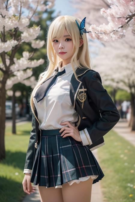 ultra-detailed,highly detailed,best quality,masterpiece,illustration,
kashiwazaki Sena, 1girl, solo,cosplay,st. chronica academy school uniform,
blue eyes,blonde hair, long hair, large breasts, bangs, 
black socks, loafers, kneehighs, plaid skirt, butterfly hair ornament, green skirt, jacket, necktie, long sleeves, pleated skirt, blazer, khaki shirt, lace trim, 
dynamic pose,looking at viewer,cowboy shot, 
photo background, nature, flower field, cherry blossoms, wind,petals, falling petals, 
 <lora:kashiwazaki Sena_v1_06:0.6>