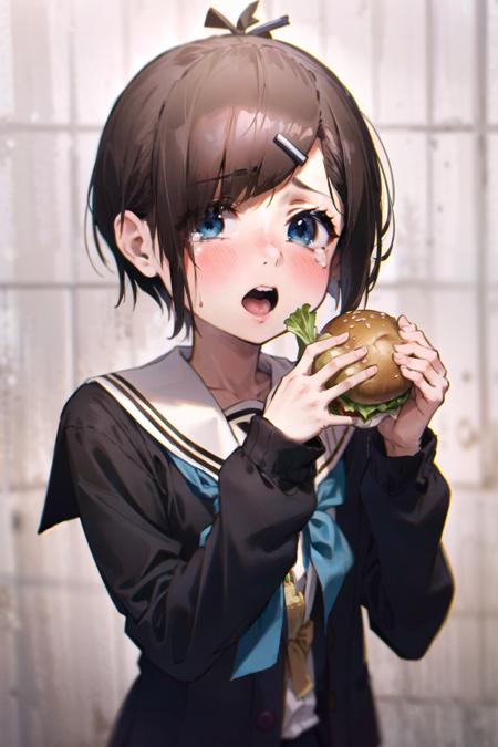 1girl, hair ornament, food, hairclip, solo, school uniform, holding food, burger, holding, bow, eating, striped, long sleeves, blush, flower, upper body, brown hair, short hair, half-closed eyes, tears, cardigan, hair flower, sleeves past wrists, sailor collar, black sailor collar, fingernails, bowtie, serafuku, striped bow, forehead, blurry, blue eyes, blurry background, lettuce, bangs pinned back, open mouth, hands up