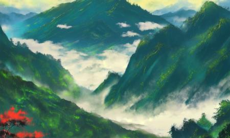 <lora:hot-fog-mountain_v0-2:1>rog_mountain, scenery. water, cloud sky,forest,