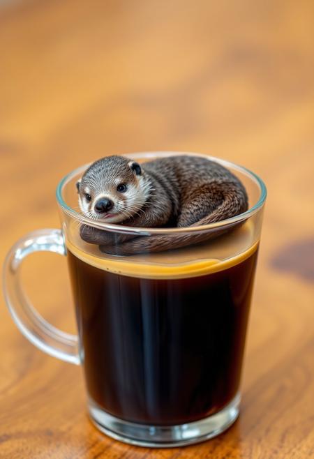 a realistic 4k photo of transparent plastic cup of full of coffee where miniature mother sea otter and baby sea otter taking rest above coffee