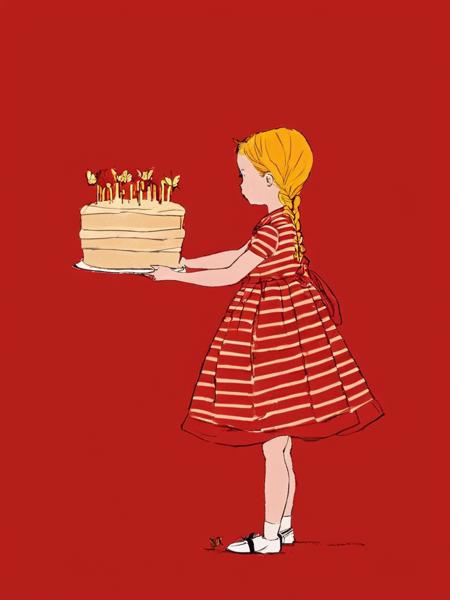 <lora:SDXL_Happy_Birthday_Sa_May-v7:1>  a young girl with blonde hair neatly tied in a braid. She wears a striped, bell-shaped dress in beige and white tones and white shoes. She stands on a bright red background and holds a rectangular birthday cake with four lit candles. As she carries the cake, several golden-yellow butterflies flutter around her, some flying close to the flames of the candles.