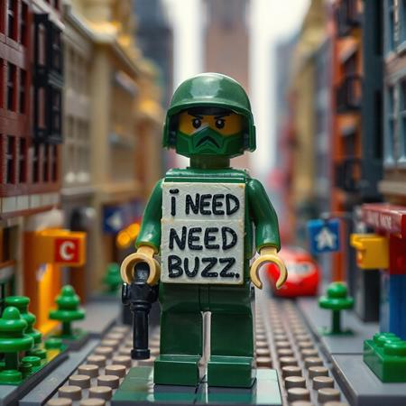 Plastic soldier make of clay holding sigh written ‘I NEED BUZZ’ in a miniature city like it's make of lego.