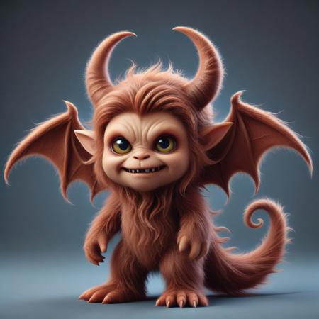 Cute imp made of w00kiee, hairy imp, demon horns, demon wings, demon tail, upper_body, cartoon, no humans